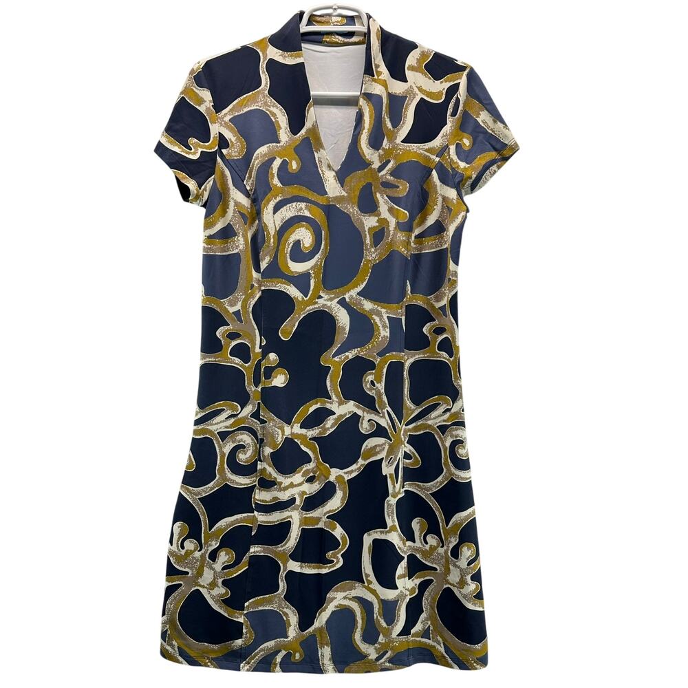 J. McLaughlin Navy, Gold & White Abstract Swirl Short-Sleeve Dress